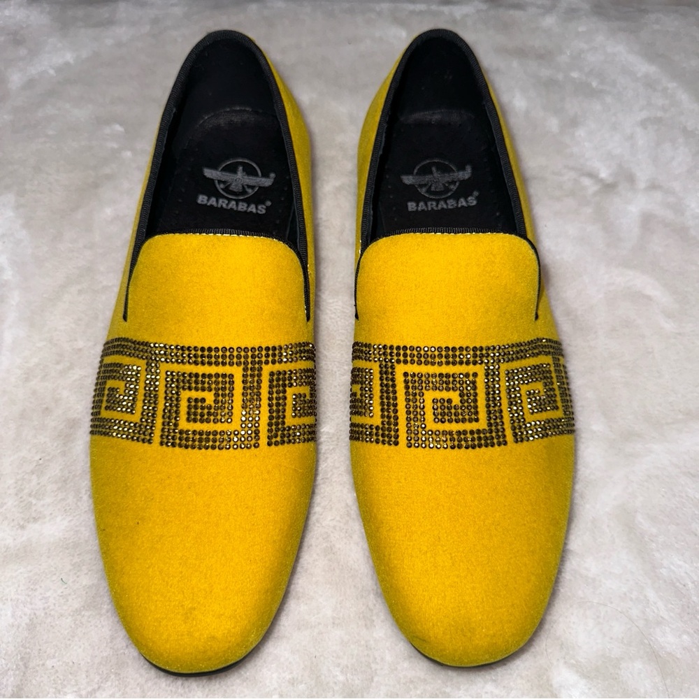 Barabas Yellow Velvet Greek Key Pattern Leather Lined Slip On Dress Shoe Size 8